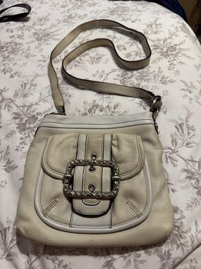 b. makowsky Cream Leather Crossbody Bag with Silver Buckle